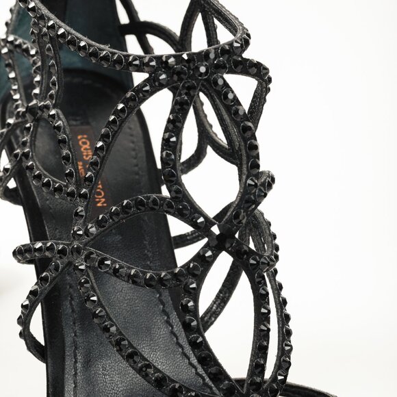 Louis Vuitton Tisha Crystal Studded Black Satin Cage Strap Heel Platform Sandal - Picture 7 of 10
